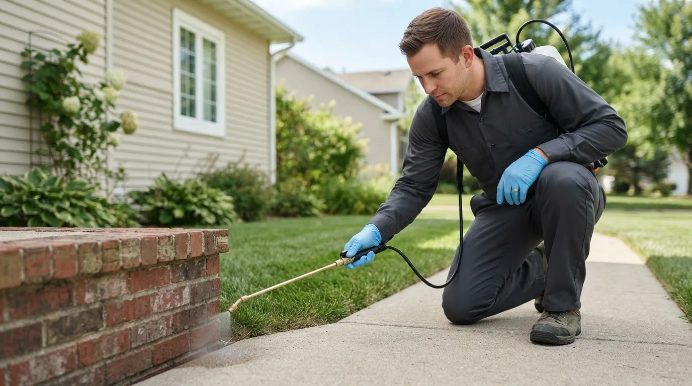Pest control technician treating a home near Chancellor, SD